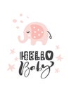 Cute elephant with text Hello Baby. Cartoon hand drawn vector scandinavian illustration. Can be used for t-shirt print Royalty Free Stock Photo