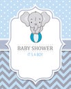 Cute elephant on top of a ball. Baby boy shower card. Royalty Free Stock Photo