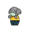 A cute elephant wearing sanitary mask prevent coronavirus, flu, dust cartoon character with black outline flat vector illustration Royalty Free Stock Photo