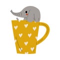 Cute Elephant in Yellow Teacup, Adorable Little Cartoon Animal Character Sitting in Coffee Mug Vector Illustration