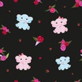 Cute Elephants. Baby girl. Baby boy. Baby shower background. Seamless ditsy floral hand drawn roses pattern for textile Royalty Free Stock Photo