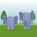 Cute elephants couple in the field landscape character
