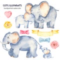 Watercolor cute elephants with baby elephants Royalty Free Stock Photo