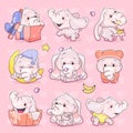 Cute elephants kawaii cartoon vector characters set. Adorable and funny animal different poses and emotions isolated sticker, Royalty Free Stock Photo