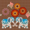 Cute elephants, paisley and mandalas flowers on brown striped background.