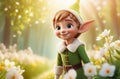 cute elf boy in green outfits with big ears, fairy magic forest background, natural flowers, sun rays, blurred Royalty Free Stock Photo