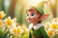 cute elf boy in green outfits with big ears, fairy magic forest background, natural flowers, sun rays, blurred Royalty Free Stock Photo