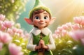 cute elf boy in green outfits with big ears, fairy magic forest background, natural flowers, sun rays, blurred Royalty Free Stock Photo