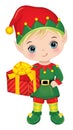 Vector Cartoon Cute Little Elf Boy with Gift Box Royalty Free Stock Photo
