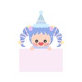 Cartoon cute little birthday hat princess elf holding light purple memo. Frame for photo, text, note, label. Royalty Free Stock Photo