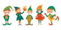 Cute elf character. Christmas Santa Claus helpers elves. Boy and girl dwarf little fantasy helper. Cartoon flat vector isolat Royalty Free Stock Photo