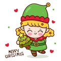 Cute elf girl Character Christmas tree. Series: X mas happy new year kids Royalty Free Stock Photo