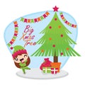 Cute elf girl finds big Xmas tree and gift boxes cartoon illustration Royalty Free Stock Photo