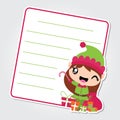 Cute elf girl with Xmas gift bag on red frame cartoon illustration for Christmas card design Royalty Free Stock Photo