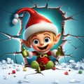 Cute Elf with hat and scarf coming out of hole crack in Christmas Winter scene background