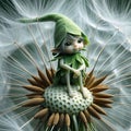 Cute Elf sitting on a dandelion in seed wearing green leaf tunic