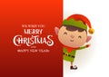 Cute elf stands behind red signboard advertisement banner with text Merry Christmas and Happy New Year Royalty Free Stock Photo