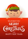 Cute elf stands behind red signboard advertisement banner with text Merry Christmas and Happy New Year Royalty Free Stock Photo