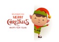 Cute elf stands behind signboard advertisement banner with text Merry Christmas and Happy New Year Royalty Free Stock Photo