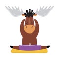 Cute elk meditating in yoga position. Adorable animal practicing yoga exercise cartoon vector illustration