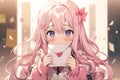 cute embarrassed blushing anime girl with long pink hair holding a love letter