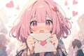 cute embarrassed blushing anime girl with short pink hair holding a love letter