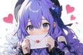 cute embarrassed blushing anime girl with violet hair holding a love letter Royalty Free Stock Photo