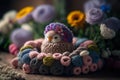 Embroided chick in an easter nest with easter eggs and spring flowers, generative ai