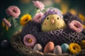 Embroided chick in an easter nest with easter eggs and spring flowers, generative ai