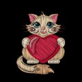 Cute embroidered cat with heart for kids fashion design.