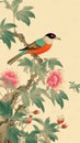 a cute embroidery inspired bird, asian style, generative ai technology