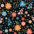 Cute embroidery seamless pattern with colorful wild flowers on black background. Floral fashion design for fabric and textile.