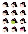 Cute emoji collection. Kawaii asian girl face different moods Royalty Free Stock Photo