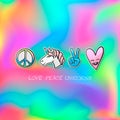 Cute emoji patches badge, love peace unicorn stickers, vector