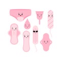 Cute emoji women sanitary napkin hygienic tampon reusable pad menstrual cup underpants and drop icon vector set. Royalty Free Stock Photo