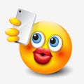 Cute emoticon taking selfie with his smartphone, emoji, smiley - vector illustration
