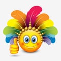 Cute emoticon with thumb up wearing carnival headdress - emoji - vector illustration