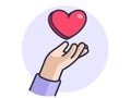 Hand gestures, Giving love and care to each other, share love, little hearts, vector design and isolated on purple background. Royalty Free Stock Photo