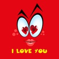 Cute emotion with hearts in big eyes and pouting lips on a red background. Banner with the inscription I LOVE YOU. Vector