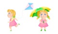 Cute emotional blonde girl in pink dress showing various emotions set. Happy and upset little girl cartoon vector Royalty Free Stock Photo