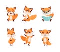 Cute emotional fox cub in different activities set cartoon vector illustration