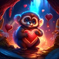 Cute Emperor Tamarin hugging heart Cute little monkey holding a red heart in his hands. Valentine's Day card. AI Generated