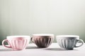 Cute empty ceramic coffee cups pastel colors on grey background