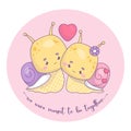 Cute enamored couple snails girl and boy with heart. Funny cartoon insects kawaii characters. Vector illustration Royalty Free Stock Photo