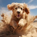 A cute energetic golden retriever puppy racing on the beach.