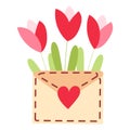 Cute envelope with flowers, plants inside and sending love lettering. Spring flowers bouquet. Love letter flat vector Royalty Free Stock Photo