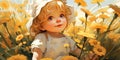 Cute european baby in chamomile field. Generative AI