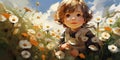 Cute european baby in chamomile field. Generative AI