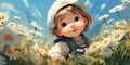 Cute european baby in chamomile field. Generative AI