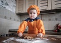 Cute European boy in a suit of the cook makes ginger cookies